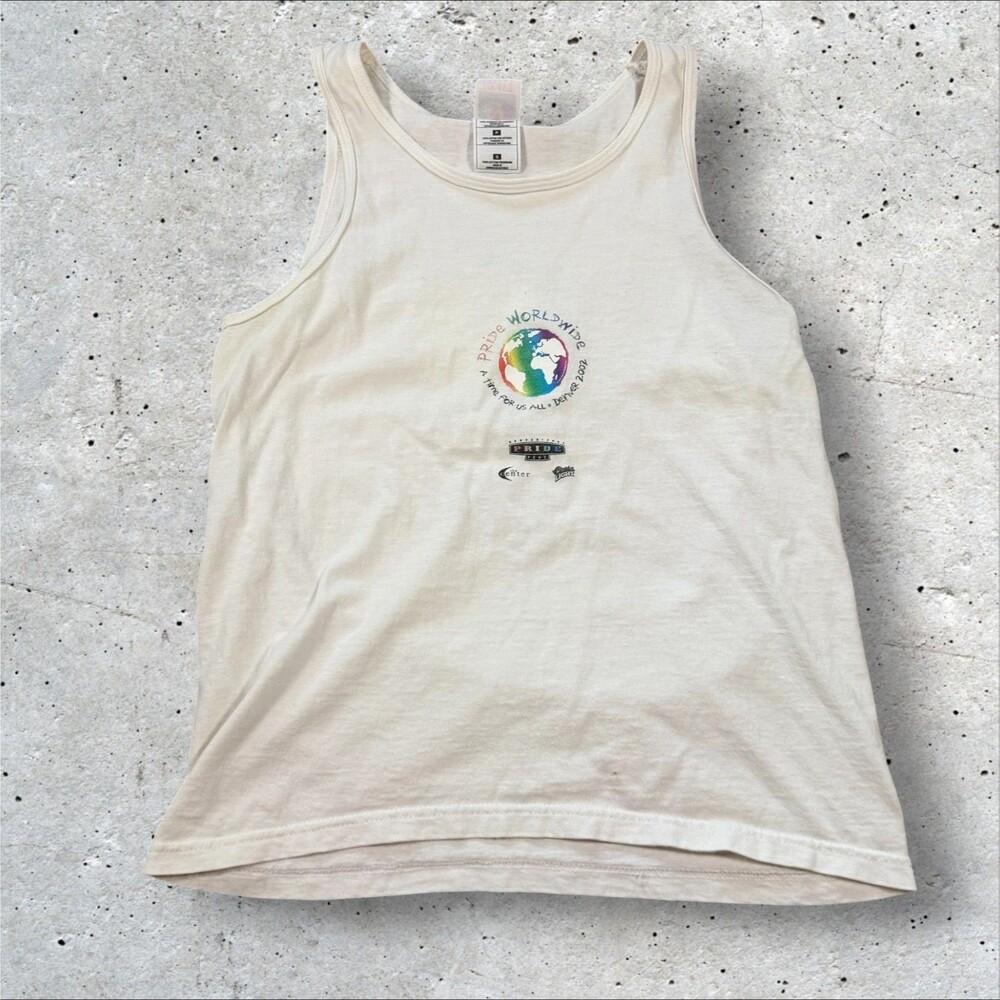 Vintage Y2K Denver PrideFest 2002 Rainbow Earth Tank Top Mens Small White